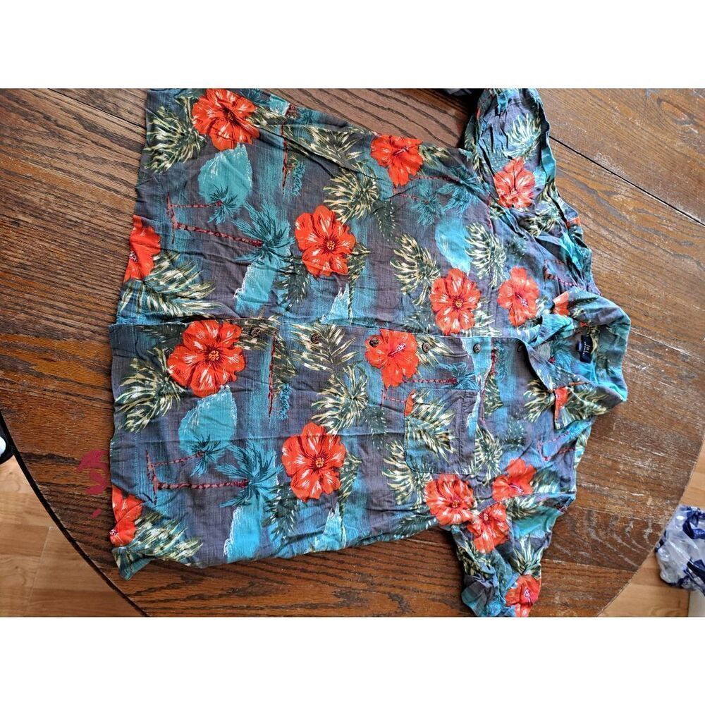 Large George Short Sleeve Button Front Hawaiian Floral Tropical Rayon Shirt